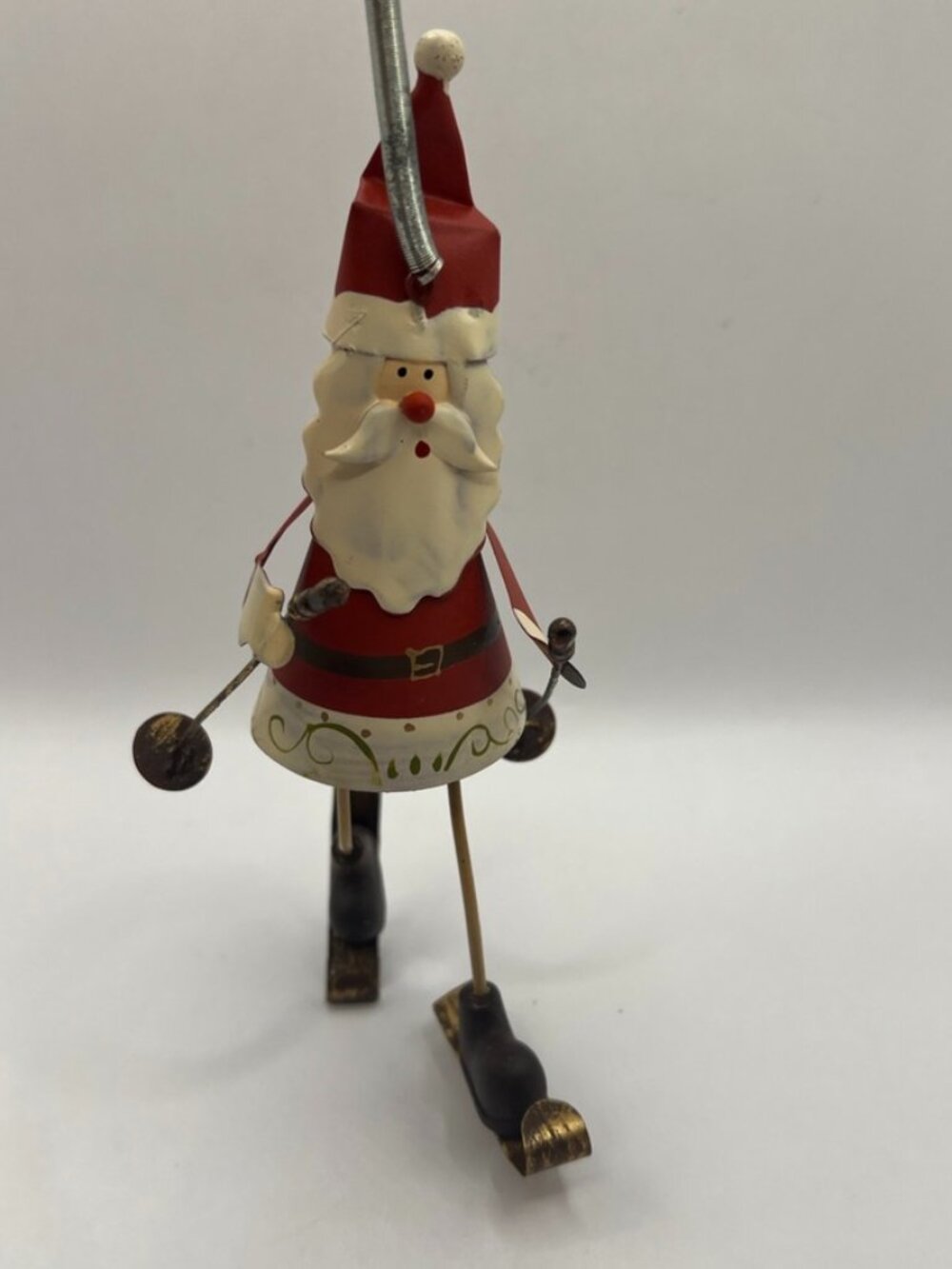 Metal Skiing Santa Claus Bouncing Spring Skies & Pole 8” Ornament Christmas